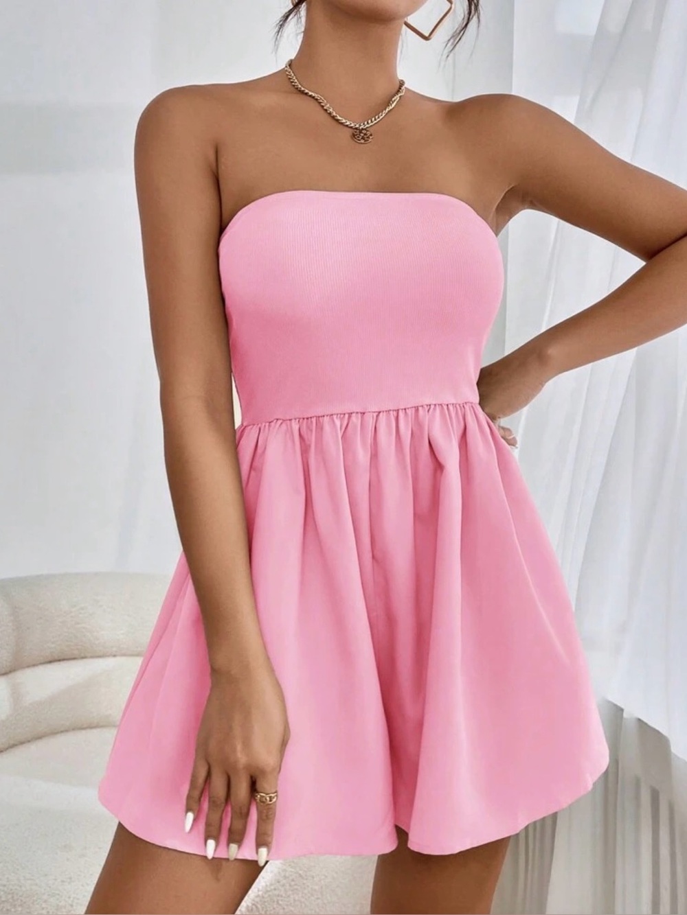Strapless Pink Summer Mini Skorts Dress